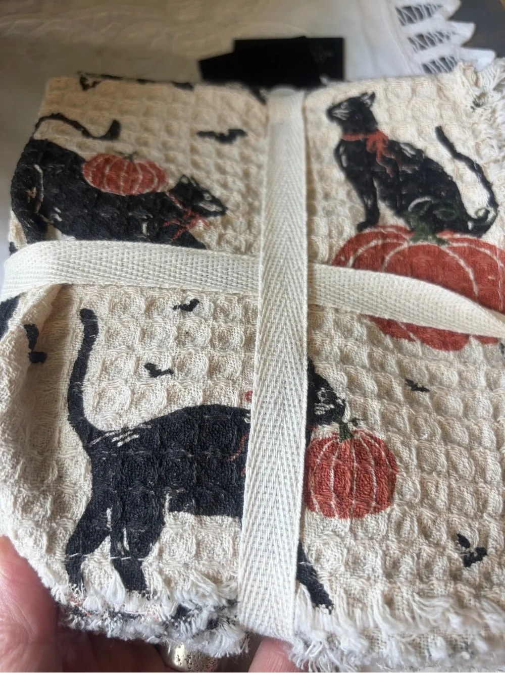 Rachel Zoe Cream Waffle Weave Dish Cloths Black Cat & Orange Pumpkin Print
